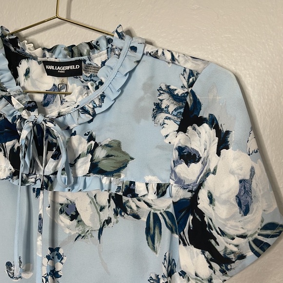 Karl Lagerfeld Paris Floral Printed Tie Neck Blouse Blue - Picture 4 of 8